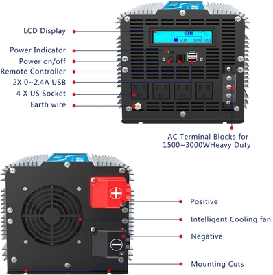 멀리 있는 제어 3000 와트 순수 사인파 인버터 12V 24V LCD 디스플레이